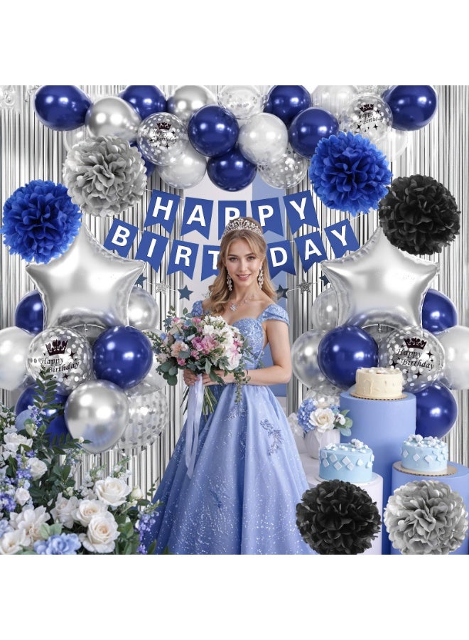 Mordely Blue & Silver Party Decorations - Boys' Birthday Banner, Balloons, Pom Poms, Fringe Curtain - Image 4